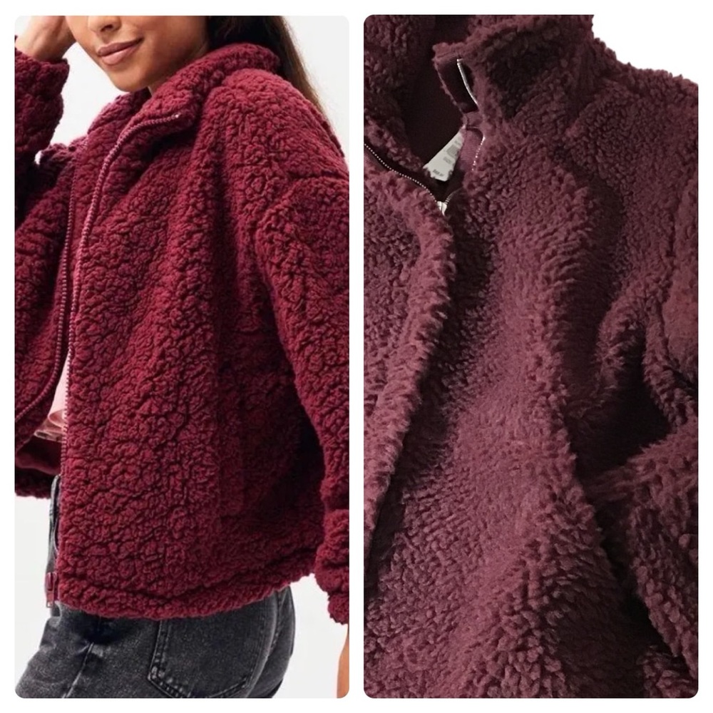 PACSUN - NWT Burgundy Sherpa Zip Jacket Deep Pile Fleece Teddy Bear M/L